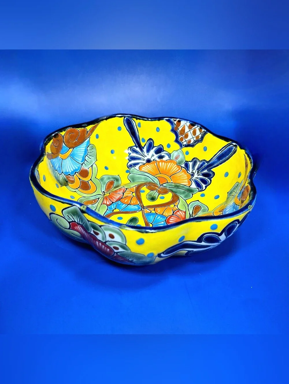Vibrant Mexican Talavera Scalloped Ceramic Serving Bowl - 9